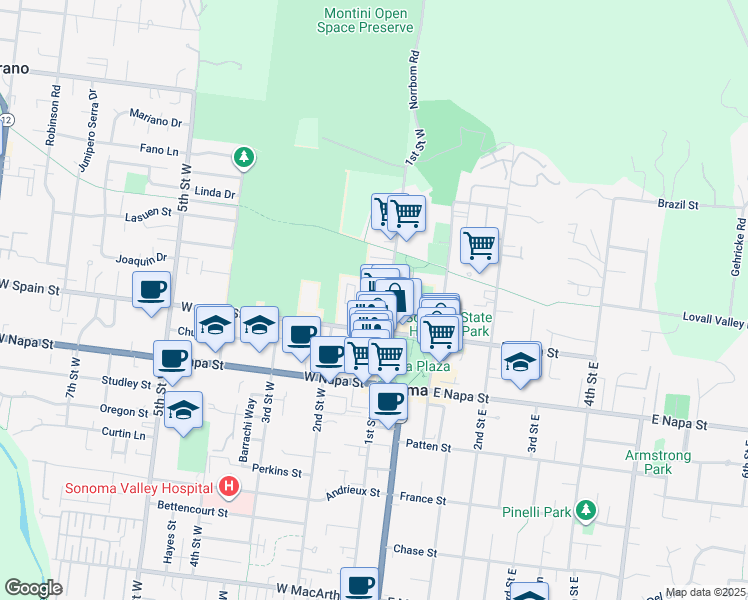 map of restaurants, bars, coffee shops, grocery stores, and more near 327 1st Street West in Sonoma