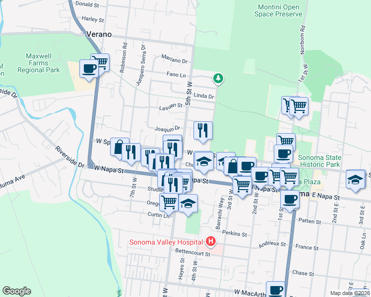 map of restaurants, bars, coffee shops, grocery stores, and more near 490 West Spain Street in Sonoma