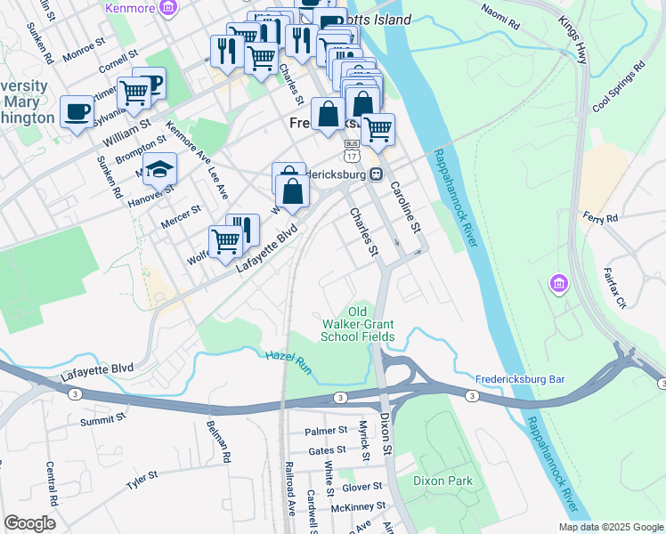 map of restaurants, bars, coffee shops, grocery stores, and more near 517 Dunmore Street in Fredericksburg