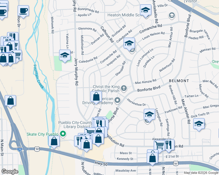 map of restaurants, bars, coffee shops, grocery stores, and more near 1702 Sheridan Road in Pueblo