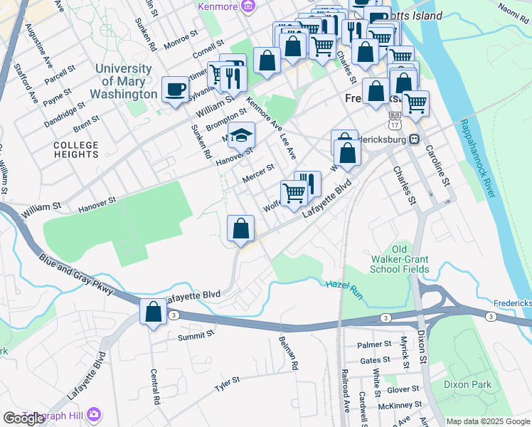 map of restaurants, bars, coffee shops, grocery stores, and more near 904 Wolfe Street in Fredericksburg