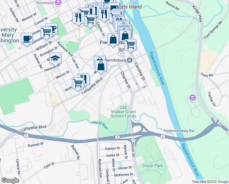 map of restaurants, bars, coffee shops, grocery stores, and more near 517 Dunmore Street in Fredericksburg