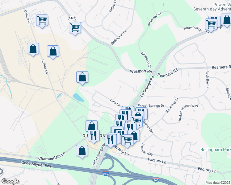 map of restaurants, bars, coffee shops, grocery stores, and more near 2720 Maxey Lane in Louisville