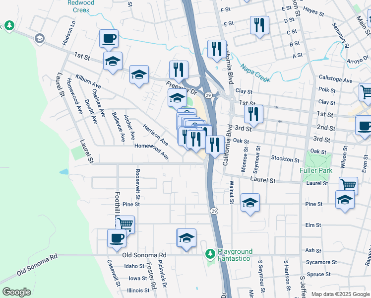 map of restaurants, bars, coffee shops, grocery stores, and more near 25 Avon Avenue in Napa