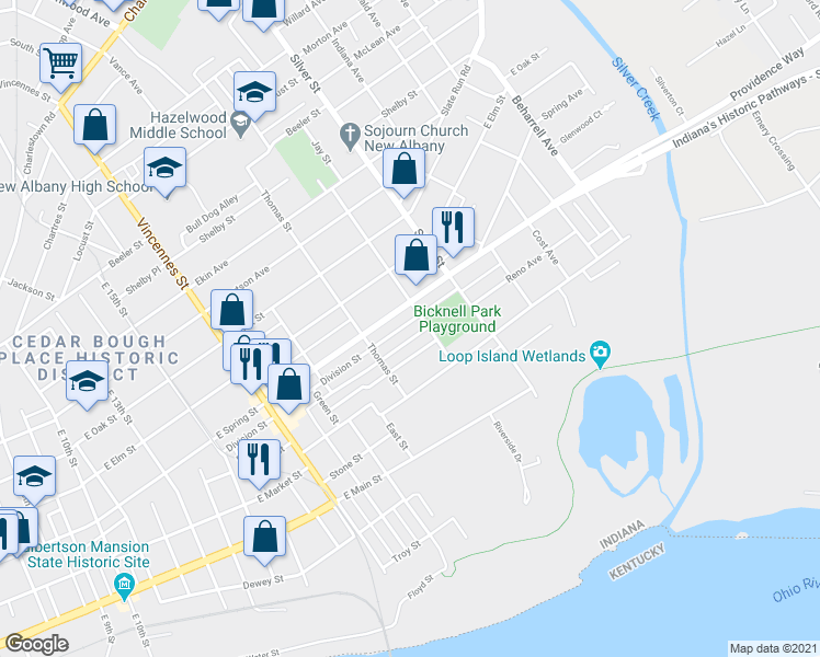 map of restaurants, bars, coffee shops, grocery stores, and more near 1936 Division Street in New Albany