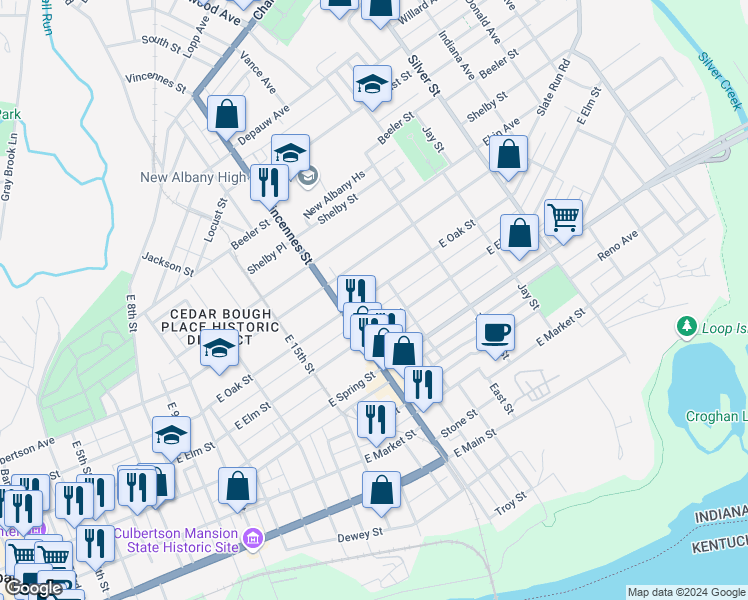 map of restaurants, bars, coffee shops, grocery stores, and more near 1728 East Oak Street in New Albany