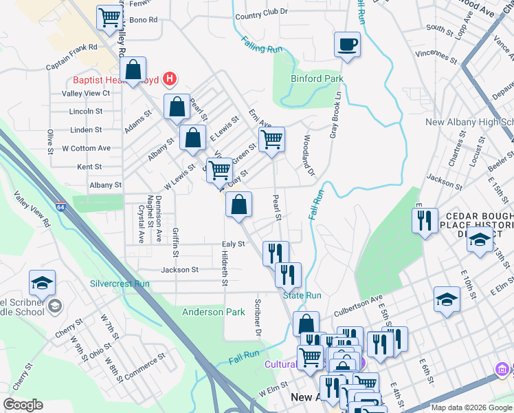 map of restaurants, bars, coffee shops, grocery stores, and more near 1124 State Street in New Albany