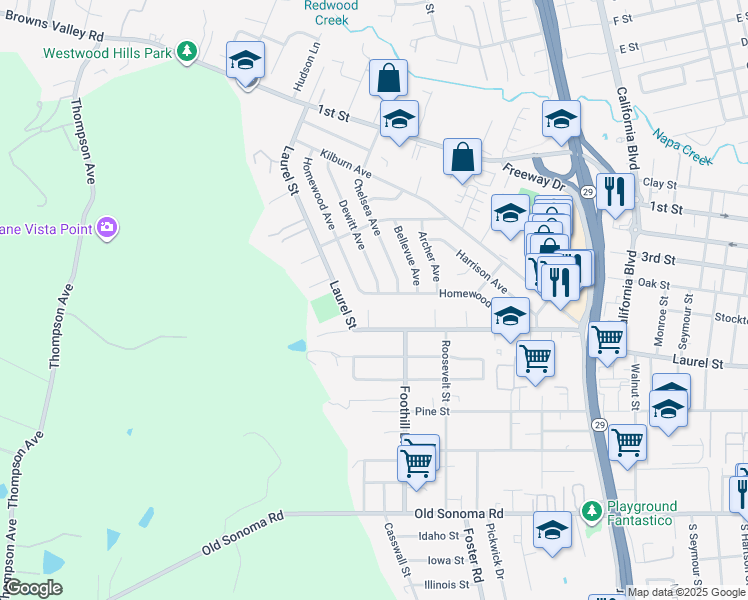 map of restaurants, bars, coffee shops, grocery stores, and more near 147 Homewood Avenue in Napa