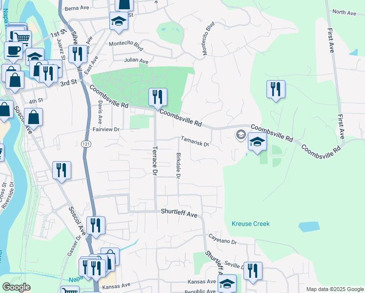 map of restaurants, bars, coffee shops, grocery stores, and more near 1005 Oakmont Court in Napa