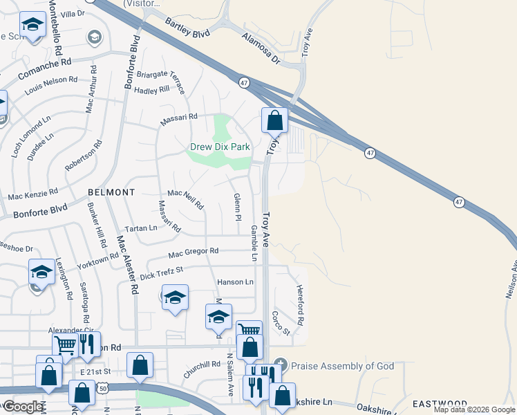map of restaurants, bars, coffee shops, grocery stores, and more near 148 Gamble Lane in Pueblo