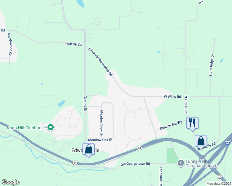 map of restaurants, bars, coffee shops, grocery stores, and more near 1565 Edwardsville Galena Road in Georgetown