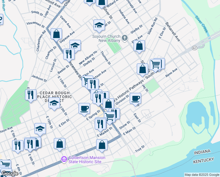 map of restaurants, bars, coffee shops, grocery stores, and more near 1805 East Elm Street in New Albany