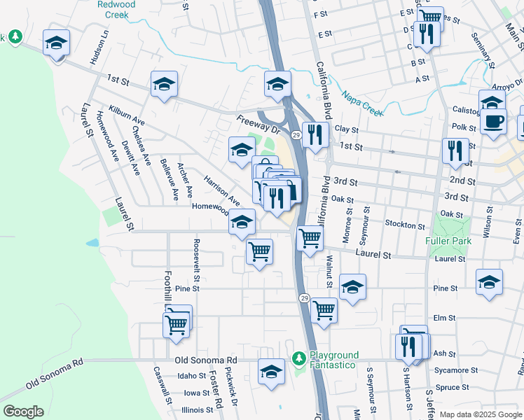 map of restaurants, bars, coffee shops, grocery stores, and more near 25 Avon Avenue in Napa
