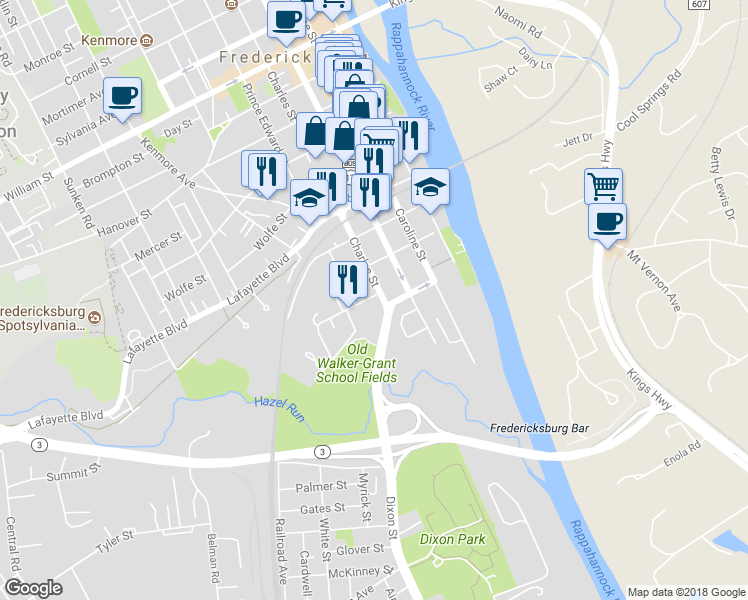 map of restaurants, bars, coffee shops, grocery stores, and more near 408 Dunmore Street in Fredericksburg