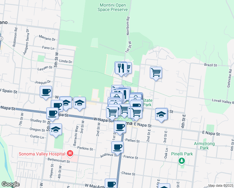 map of restaurants, bars, coffee shops, grocery stores, and more near 327 1st Street West in Sonoma