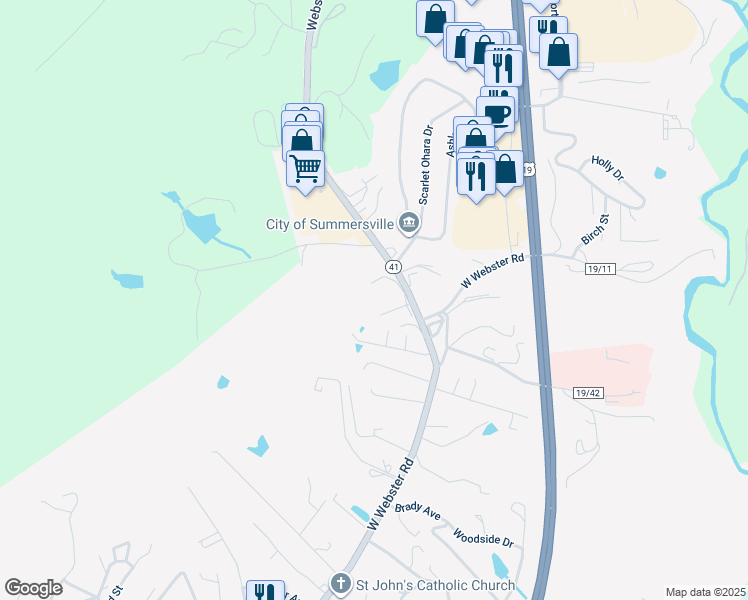 map of restaurants, bars, coffee shops, grocery stores, and more near 135 Dylan Heights Drive in Summersville