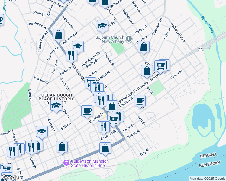 map of restaurants, bars, coffee shops, grocery stores, and more near 1805 East Elm Street in New Albany