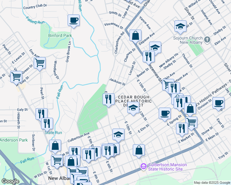 map of restaurants, bars, coffee shops, grocery stores, and more near 1119 Beeler Street in New Albany