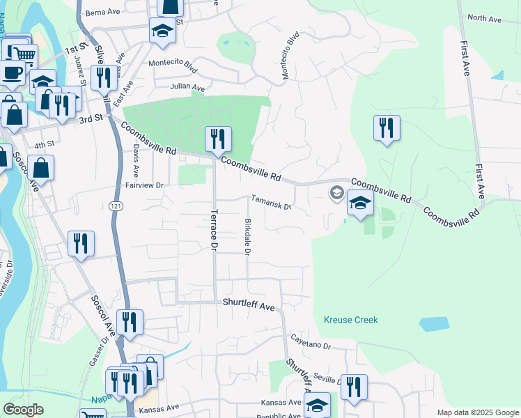 map of restaurants, bars, coffee shops, grocery stores, and more near 1005 Oakmont Ct in Napa