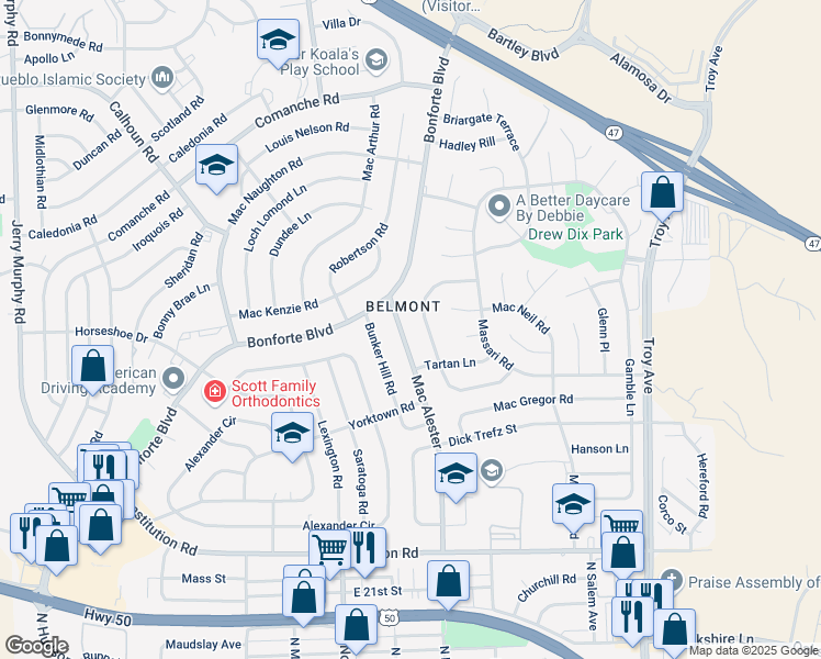 map of restaurants, bars, coffee shops, grocery stores, and more near 60 Mac Alester Rd in Pueblo