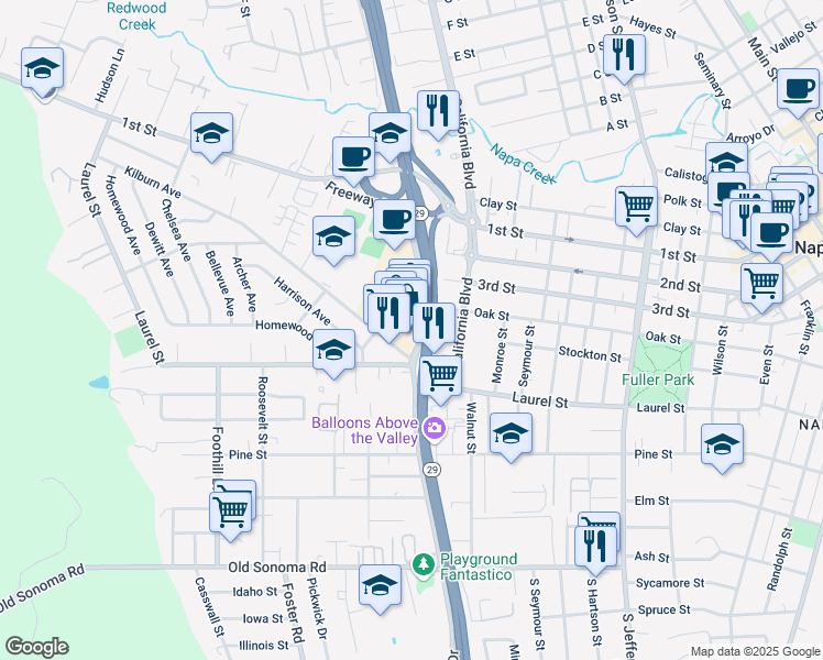 map of restaurants, bars, coffee shops, grocery stores, and more near 621 Factory Stores Drive in Napa
