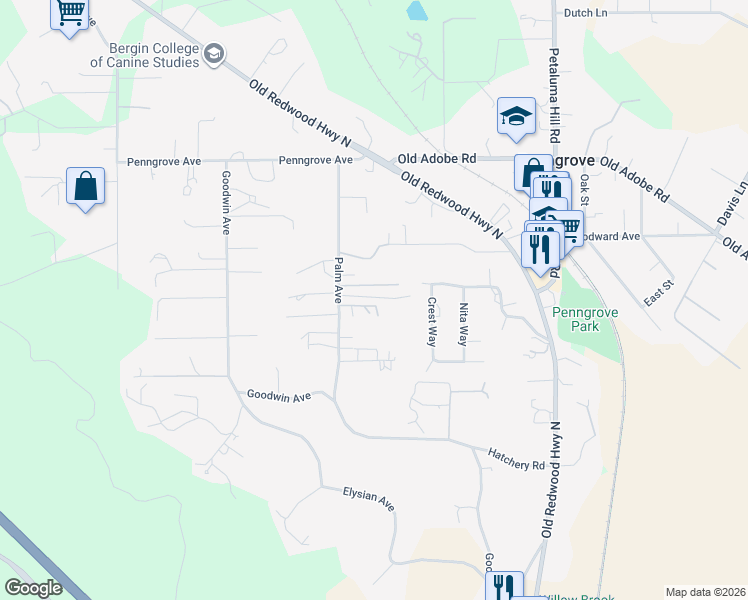 map of restaurants, bars, coffee shops, grocery stores, and more near 460 Palm Avenue in Penngrove
