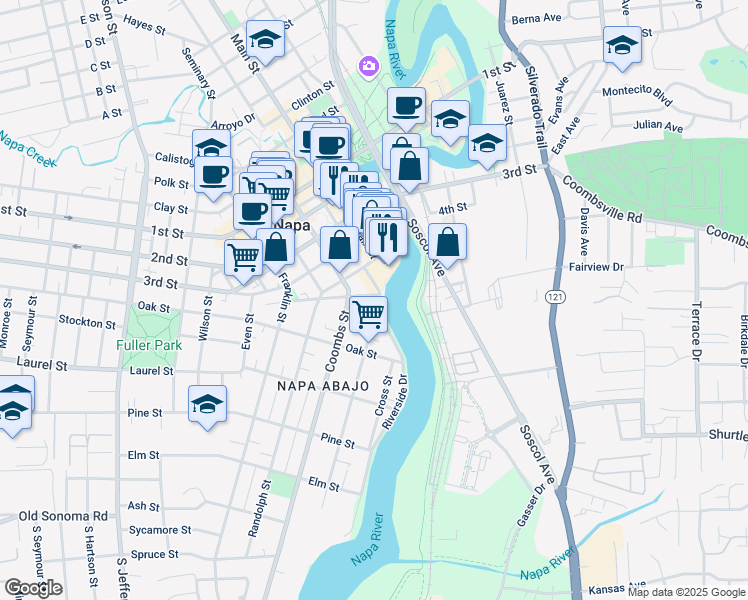 map of restaurants, bars, coffee shops, grocery stores, and more near 565 Brown Street in Napa