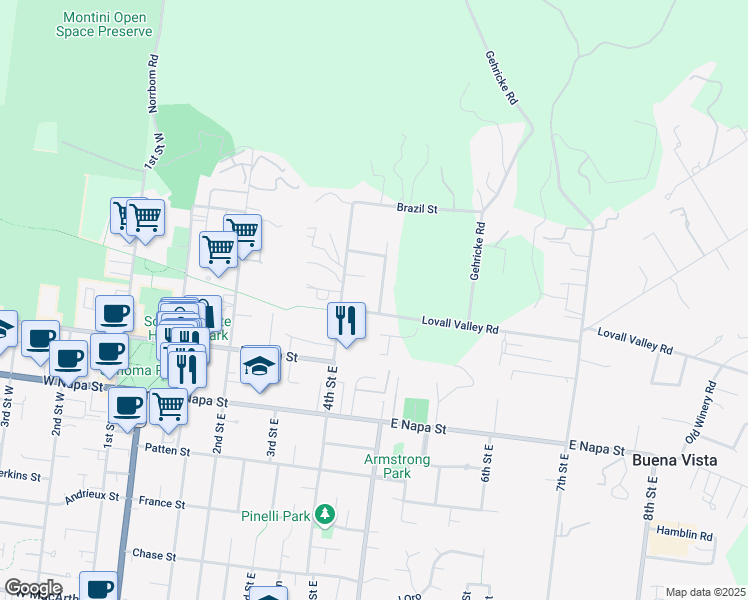 map of restaurants, bars, coffee shops, grocery stores, and more near 281 Wilking Way in Sonoma