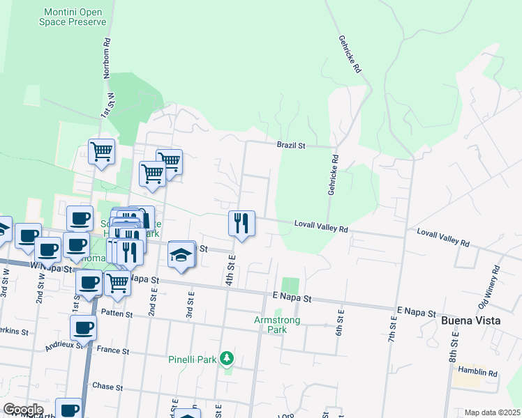 map of restaurants, bars, coffee shops, grocery stores, and more near 281 Wilking Way in Sonoma