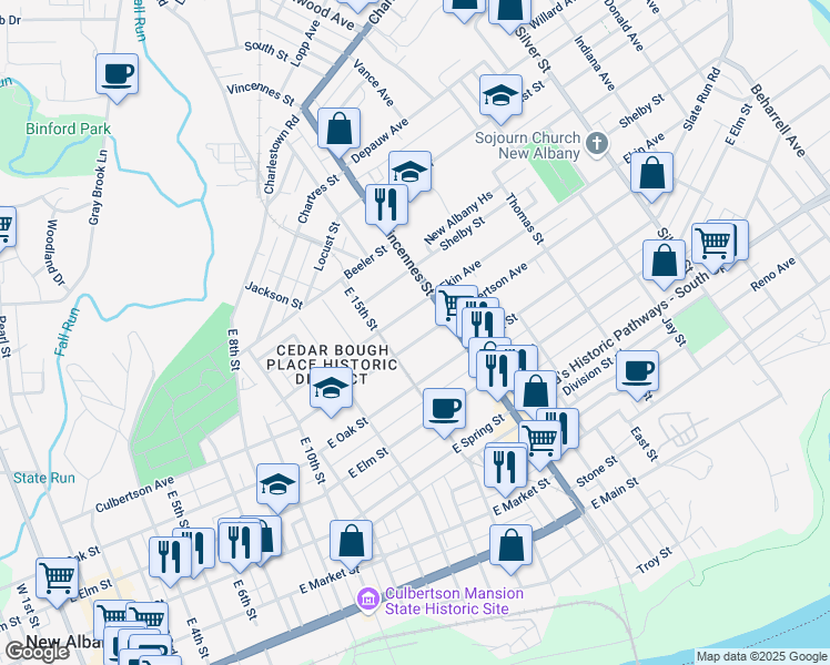 map of restaurants, bars, coffee shops, grocery stores, and more near 1607 Culbertson Avenue in New Albany