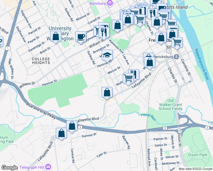 map of restaurants, bars, coffee shops, grocery stores, and more near 524 Willis Street in Fredericksburg