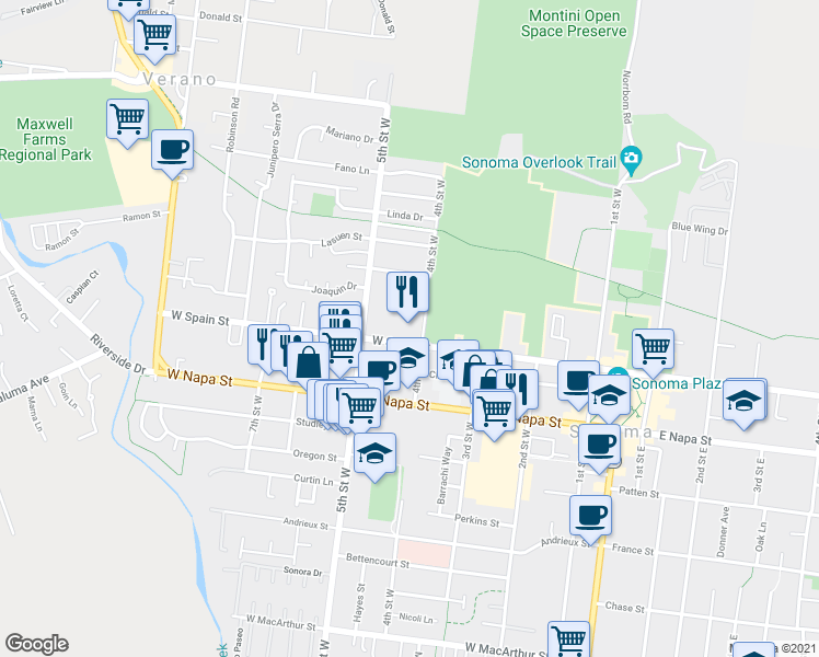 map of restaurants, bars, coffee shops, grocery stores, and more near 400 West Spain Street in Sonoma