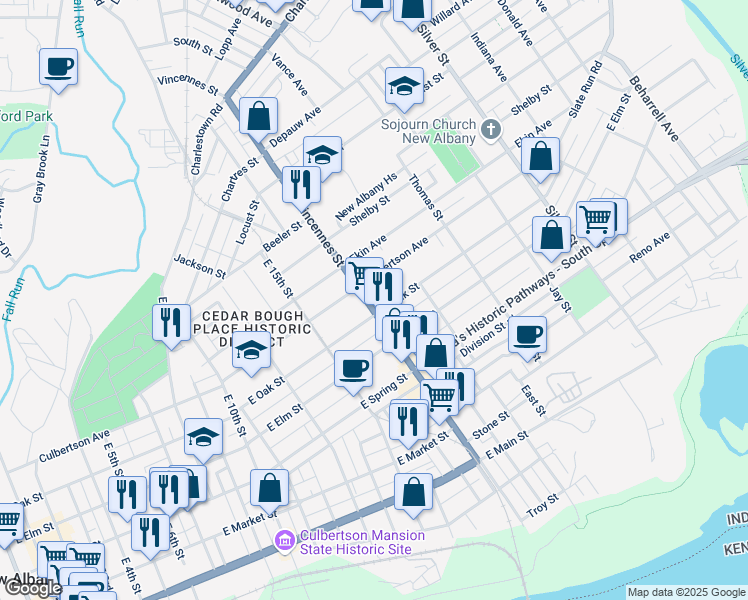 map of restaurants, bars, coffee shops, grocery stores, and more near 610 Vincennes Street in New Albany