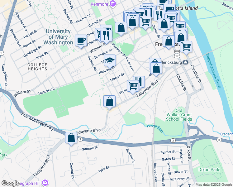 map of restaurants, bars, coffee shops, grocery stores, and more near 600 Shepherd Street in Fredericksburg