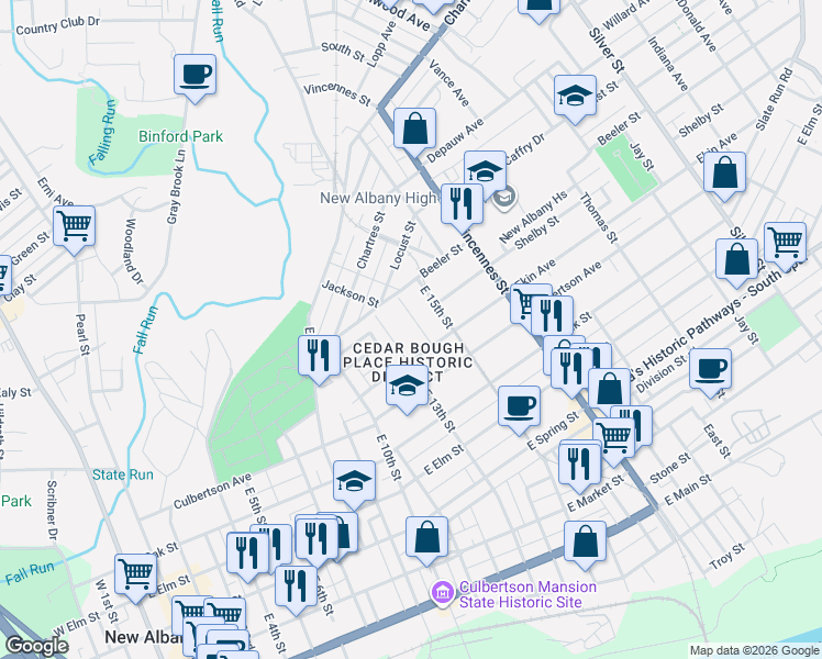 map of restaurants, bars, coffee shops, grocery stores, and more near 810 Catherine Place in New Albany