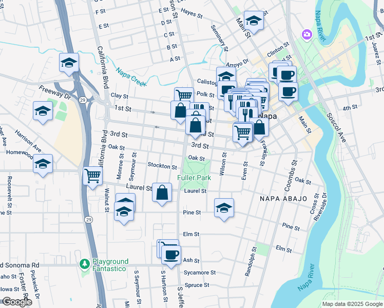 map of restaurants, bars, coffee shops, grocery stores, and more near 1790 Oak Street in Napa