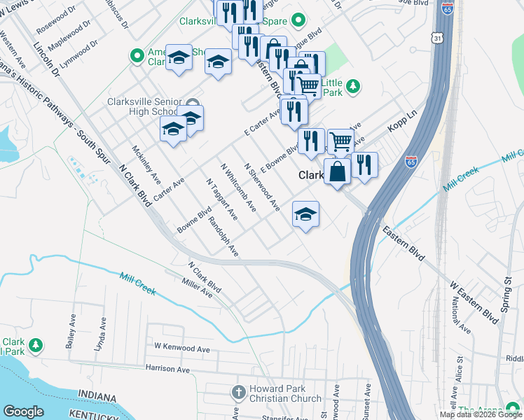map of restaurants, bars, coffee shops, grocery stores, and more near 510 N Whitcomb Ave in Clarksville
