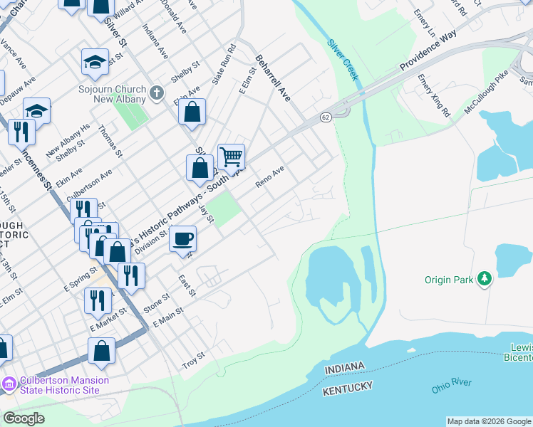 map of restaurants, bars, coffee shops, grocery stores, and more near 2122 East Market Street in New Albany