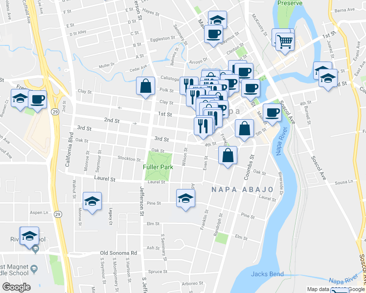 map of restaurants, bars, coffee shops, grocery stores, and more near 731 Wilson Street in Napa