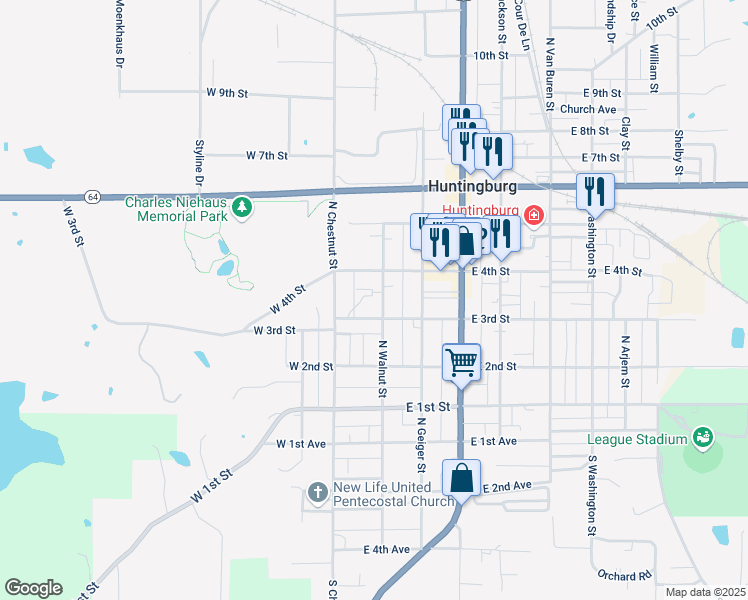 map of restaurants, bars, coffee shops, grocery stores, and more near 112 East 3rd Street in Huntingburg
