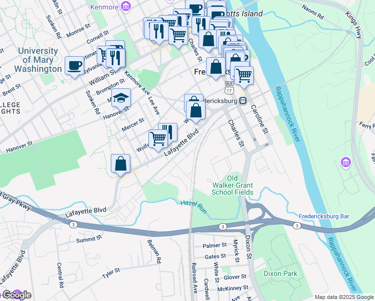map of restaurants, bars, coffee shops, grocery stores, and more near 621 Cobblestone Boulevard in Fredericksburg