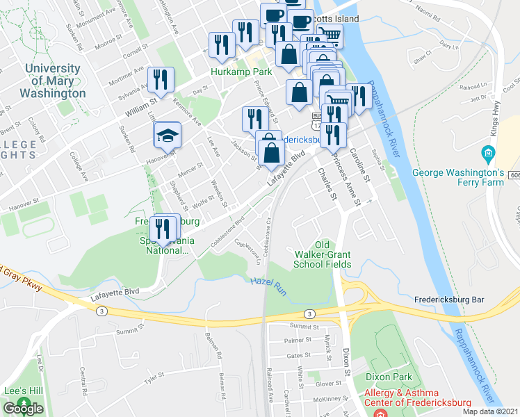 map of restaurants, bars, coffee shops, grocery stores, and more near 621 Cobblestone Circle in Fredericksburg