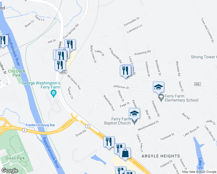 map of restaurants, bars, coffee shops, grocery stores, and more near 15 Jefferson Street in Fredericksburg