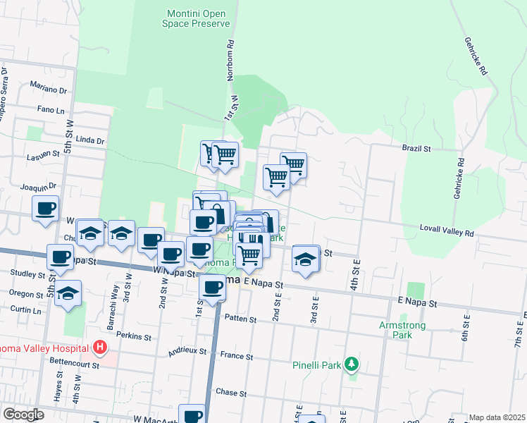 map of restaurants, bars, coffee shops, grocery stores, and more near 318 1st Street East in Sonoma