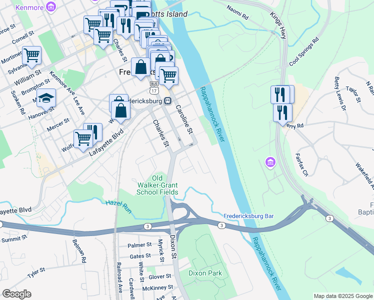 map of restaurants, bars, coffee shops, grocery stores, and more near 137 Princess Anne Street in Fredericksburg