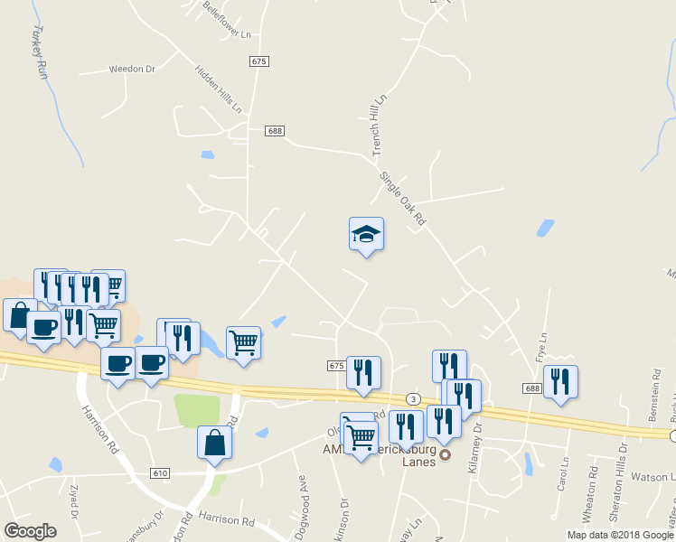 map of restaurants, bars, coffee shops, grocery stores, and more near 12321 5 Mile Road in Fredericksburg