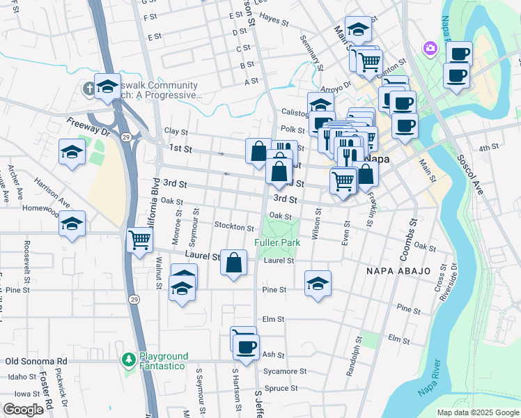 map of restaurants, bars, coffee shops, grocery stores, and more near 1796 Oak Street in Napa