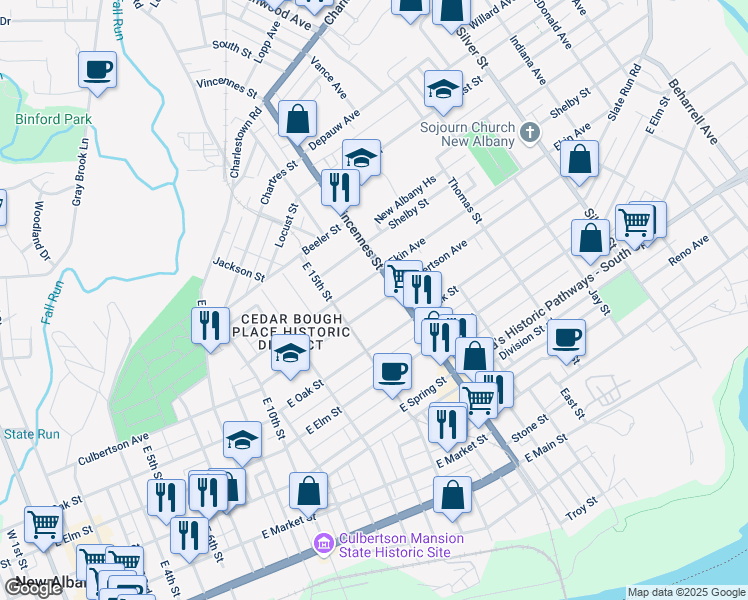 map of restaurants, bars, coffee shops, grocery stores, and more near 1607 Culbertson Avenue in New Albany