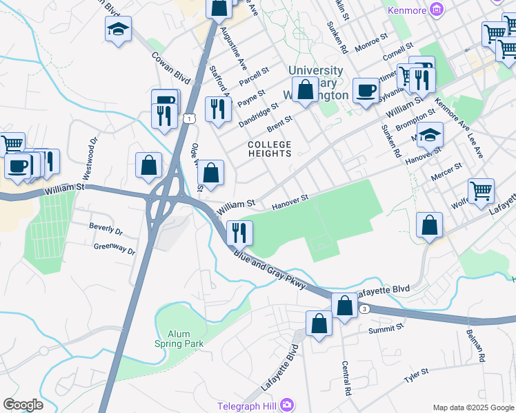 map of restaurants, bars, coffee shops, grocery stores, and more near 1500 William Street in Fredericksburg