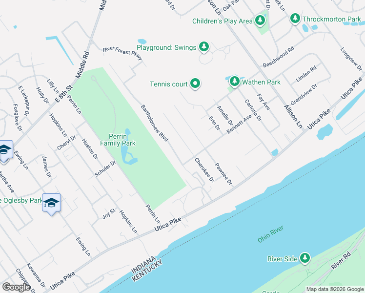 map of restaurants, bars, coffee shops, grocery stores, and more near 209 Bartholomew Boulevard in Jeffersonville